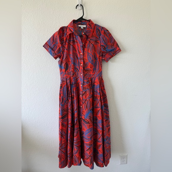 Alexis X. Target Tropical Leaf Dress small Midi Shirt Dress Full Skirt Blue Red - Picture 1 of 8